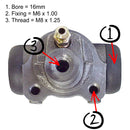 Brake wheel cylinder, REAR, all 2cv July 1981 onward, LHM, 16mm bore, 8mm pipe nut thread fitting. Fits left or right. You'll need one for each side of the car.