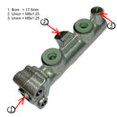 Master cylinder, LHM, tandem, 2cv6 June 1981 until end, Dyane 6 January 1978 until end. 17.5mm bore, M8X1.25 unions.