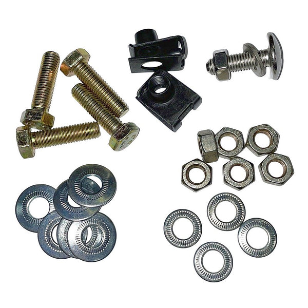 Set of screws M7 x 25, nuts, washers and j-clips to fasten 1 single (left or right) bracket ONLY for FRONT bumper to chassis.