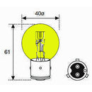 6 volt headlight bulb, yellow. BA21d, 3 way bayonet.