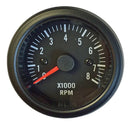 Tachometer, rev counter, 52mm diam., 12v, black bezel, black face, for 2cv engine, 0 to 8000rpm.