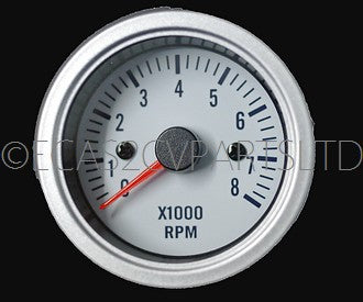 Tachometer, rev counter, 52mm diam., 12v, silver bezel, white face, for 2cv engine, 0 to 8000rpm ZERO STOCK