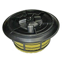 Air filter complete with foam, clamp for foam and cap, for plastic - bodied filter box.