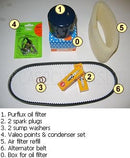 Service kit, 'COMPLETE', oil filter, 2 spark plug, 2 sump washer, points and condenser set, air filter refill, fan belt
