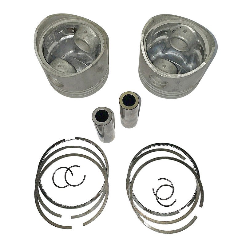 New pistons, pair, set of 2, 8.5:1, 74mm (standard) for Acadiane, 2cv6, Dyane 6, Mehari, includes rings, gudgeon pins and circlips.