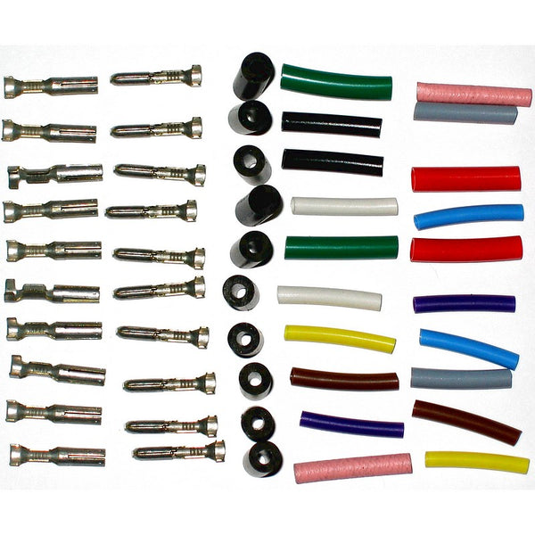 Connector set 3mm bullet, 10 pairs male gender, 10 female gender with rubber + colour sleeves.