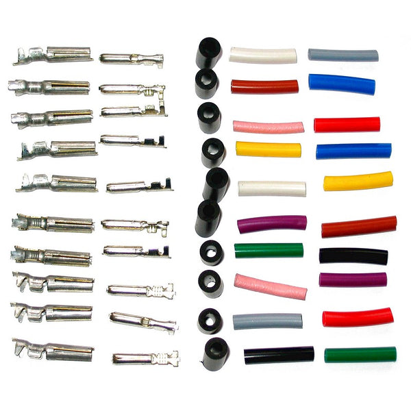 Connector set 4mm bullet, 10 pairs male gender, 10 female gender with rubber + colour sleeves.