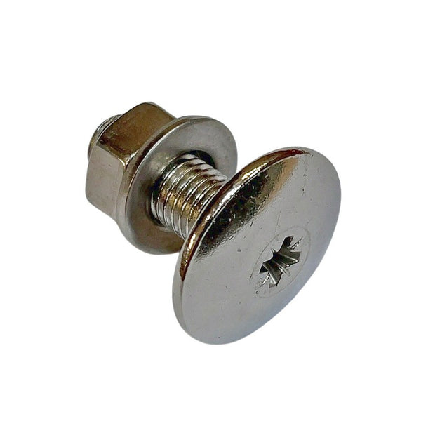 Bumper screw bolt, fits through bumper face, M7, wide, STAINLESS steel, pozidriv head, with STAINLESS nut and washer. Per 1