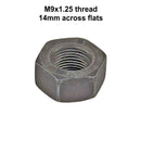 Nut, M9 X 1.25, for stud, driveshaft via brake disc or brake drum to output flange and for alternator pivot bolt. RH thread. 14mm spanner size.