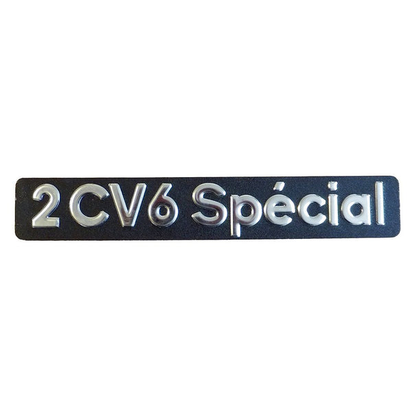 Badge, insignia, monogram, 2cv6 Special, 218mmx34mm, stainless steel. Supplied with pre-fitted adhesive tape.