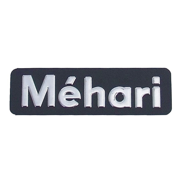 Badge, insignia, monogram, Mehari, 160mmx34mm, stainless steel. Supplied with pre-fitted adhesive tape.
