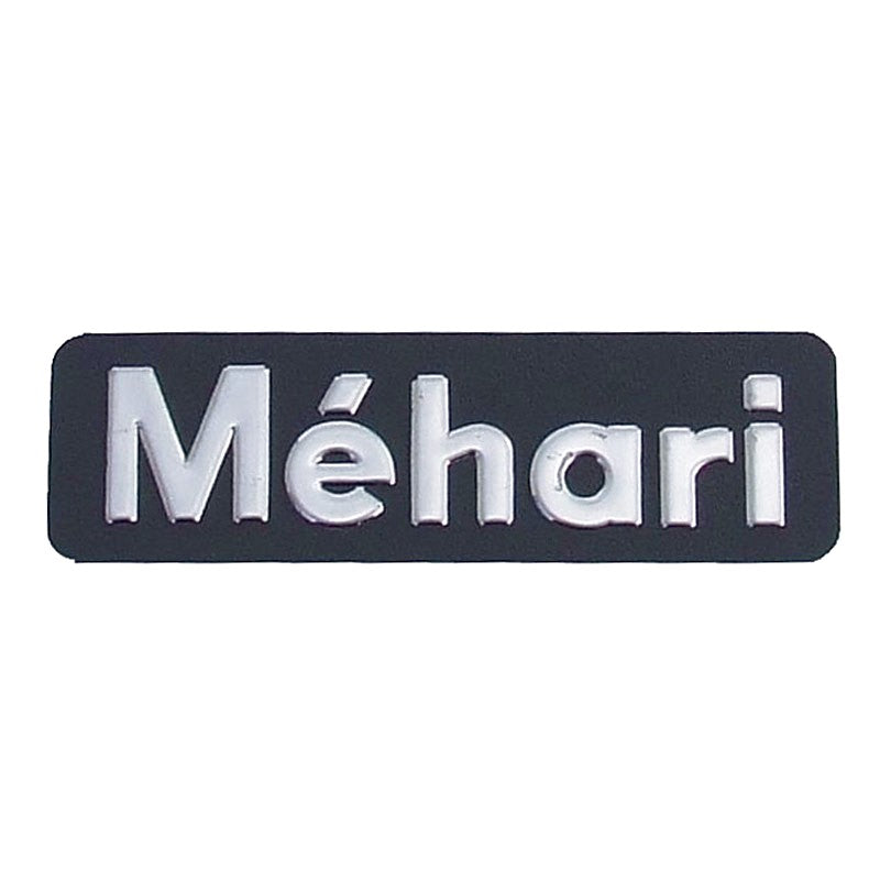 Badge, insignia, monogram, Mehari, 160mmx34mm, stainless steel. Supplied with pre-fitted adhesive tape.