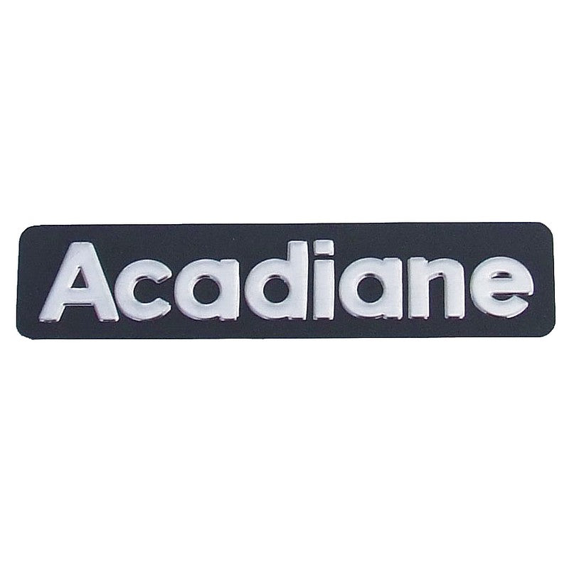 Badge, insignia, monogram, Acadiane, 155mmx34mm, stainless steel. Supplied with pre-fitted adhesive tape.