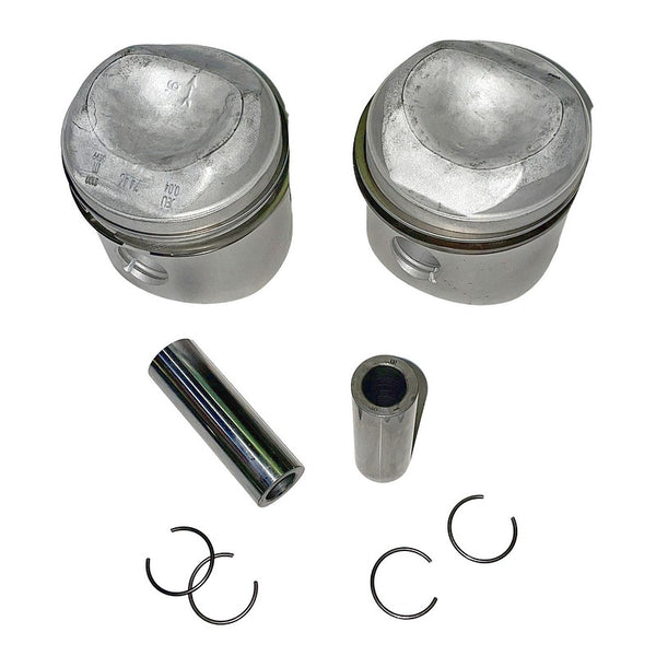 Pistons, pair (1 set of 2), 74.5mm (oversize) 9.0:1 for Acadiane, 2cv6, Dyane 6, Mehari, includes rings, gudgeon pins and circlips. Read description notes before purchase.