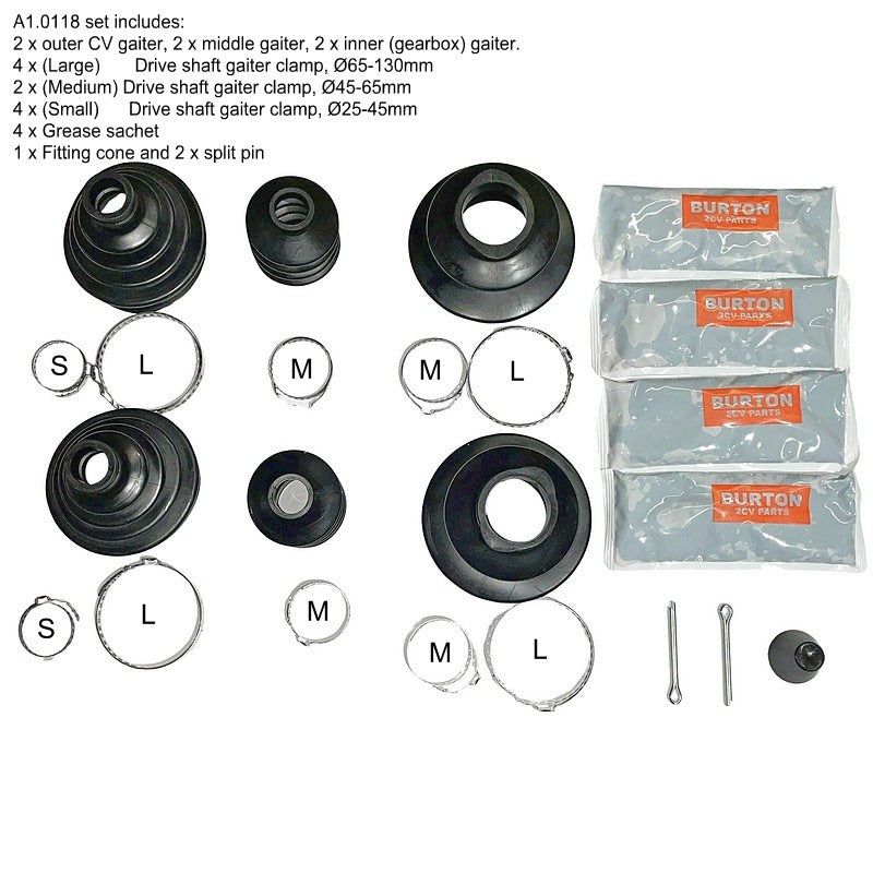 Driveshaft gaiters NEOPRENE, complete 2cv car kit of 6 gaiters with steel gaiter ties, grease and fitting cone.