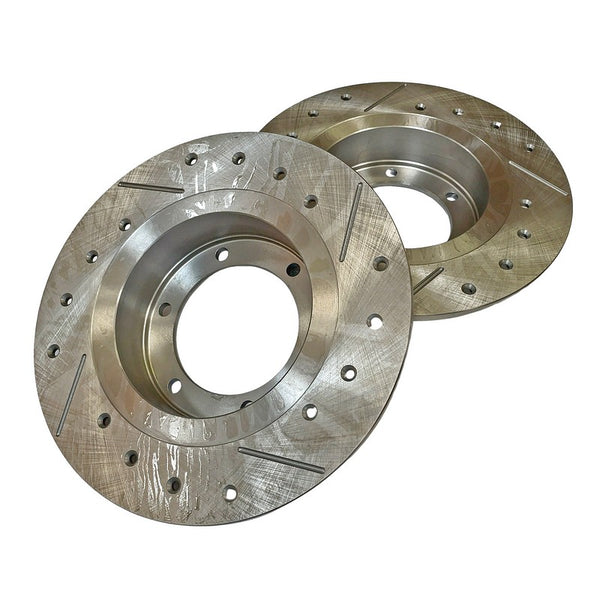 Drilled, grooved brake discs, PAIR, high performance, 2cv, Dyane, Acadiane etc. Price is for one pair (two discs). See important notes.