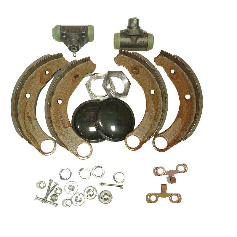 Complete brake set for rear of 2cv Dolly etc, shoes, LHM cylinders, caps, 44mm nuts, fitting kit, ready to fit.