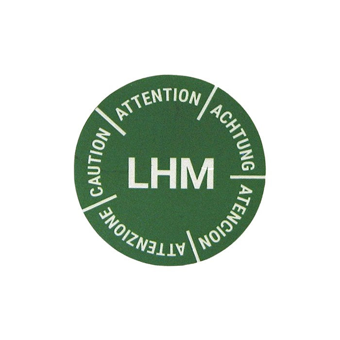 Sticker, emblem, Attention LHM, for master cylinder reservoir, 42mm diam.