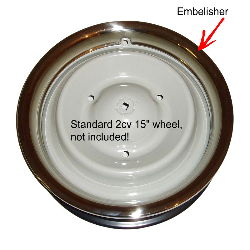Wheel rim embellishers, stainless steel, trim ring, dress ring, rimbellisher, set of 4 for all 15 inch 2cv wheels