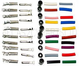 Connector set 4mm bullet, 10 pairs male, female with rubber + colour sleeves.