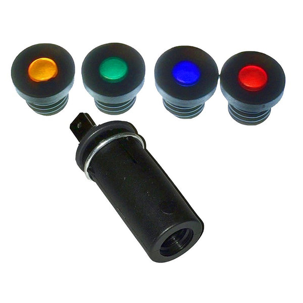 Dashboard warning light, BLACK bezel, as original, 4 coloured lenses supplied.
