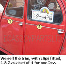 Aluminium trim moulding set at middle of doors, with clips, 2cv. Kit of all 4. SEE NOTES.