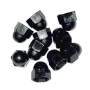 Black plastic, polyethylene, domed cap only, fits M7 set screw or nut head, 11mm hex internal, per 10 pieces.