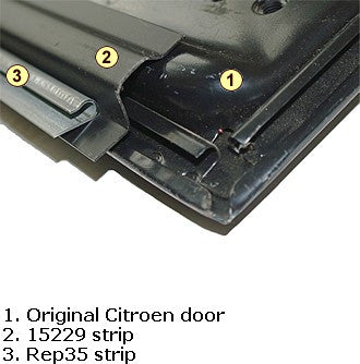 Door seal bottom metal internal retaining strip only, front or rear, 2cv, superior and best profile available, 79cm long.