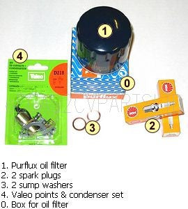 Service kit, 'EXTRA', Burton oil filter, 2 spark plugs, 2 sump washers, points + condenser set.